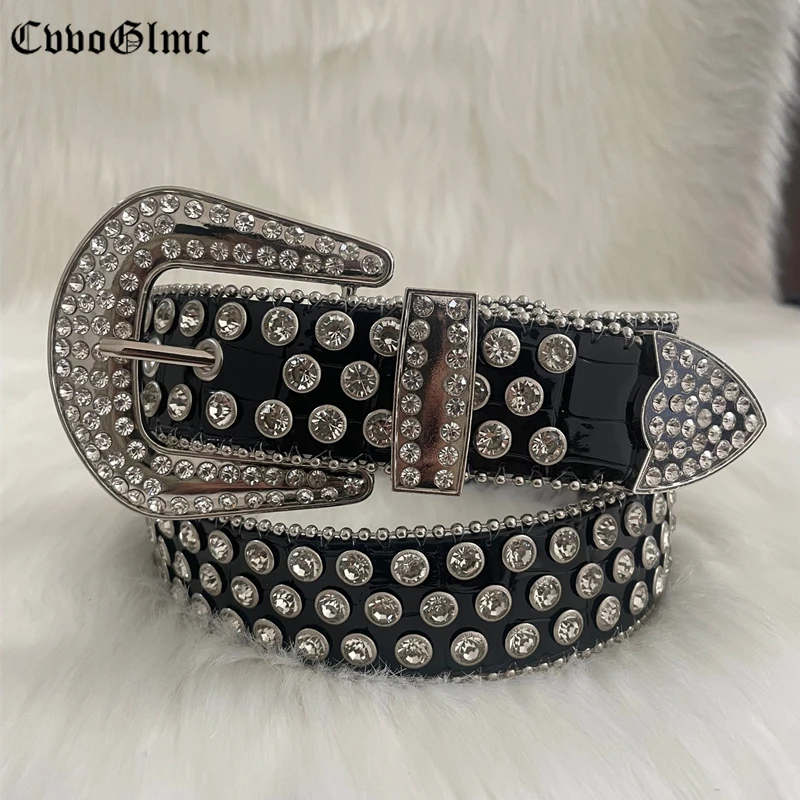 

Punk Western Rhinestone Belt Pin Buckle Woman's&Man's Black Strap With Red Diamond Bing For Jeans Decorative Male Ceinture Femme