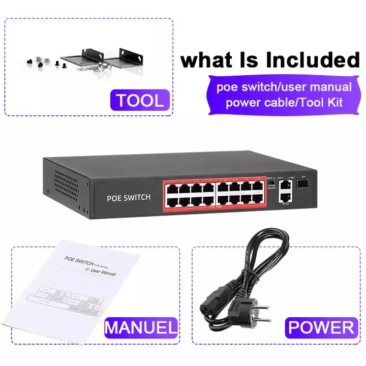 16CH 10/100Mbps Port POE Switch IEEE 802.3 af/at Over Ethernet IP CameraSystem Network Switch