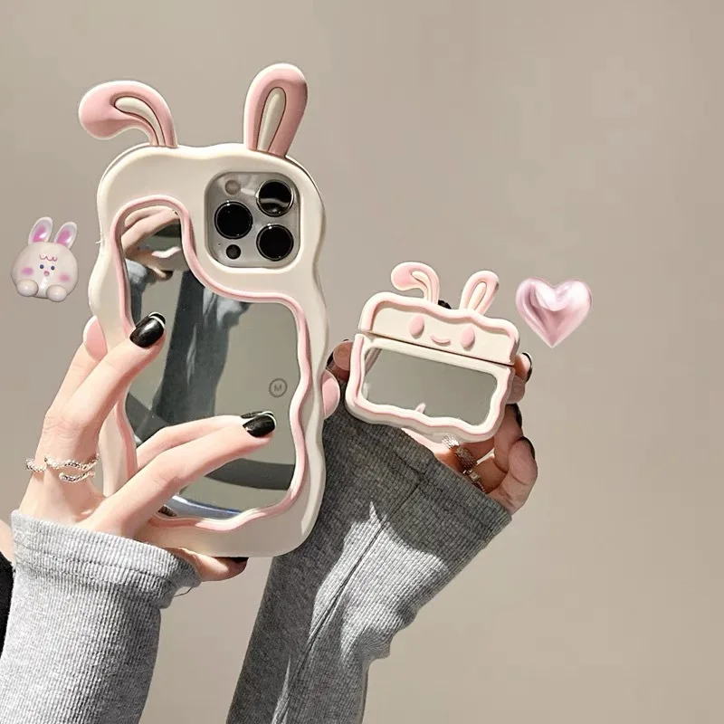 Fashion Korean Style Cute rabbit and mirror Phone Case For IPhone 13 Pro Max 14 11 12  Mirror Cover cases
