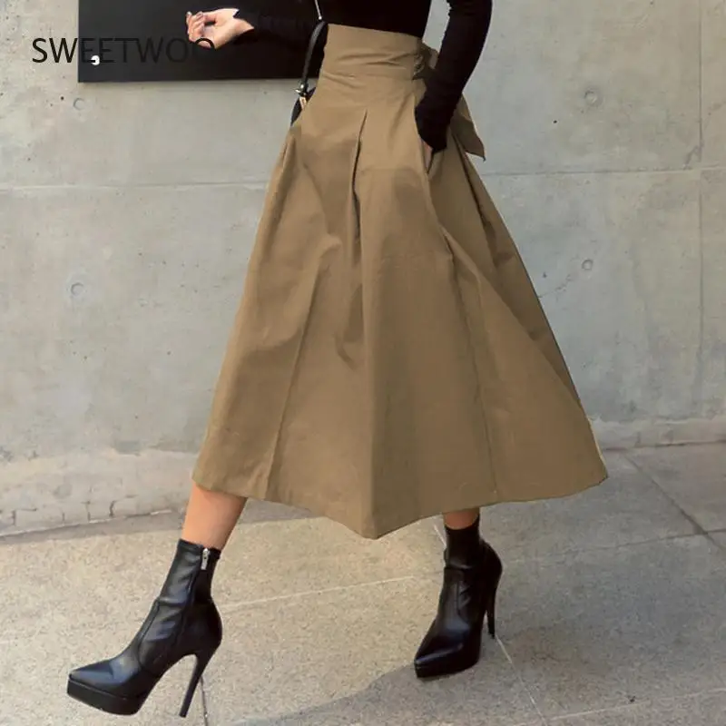 

Lace Up Bow Skirts Womens 2022 Korean Fashion Solid Big Swing Ladies Skirt Spring High Waist Slim Maxi Skirt Jupe Longue Femme