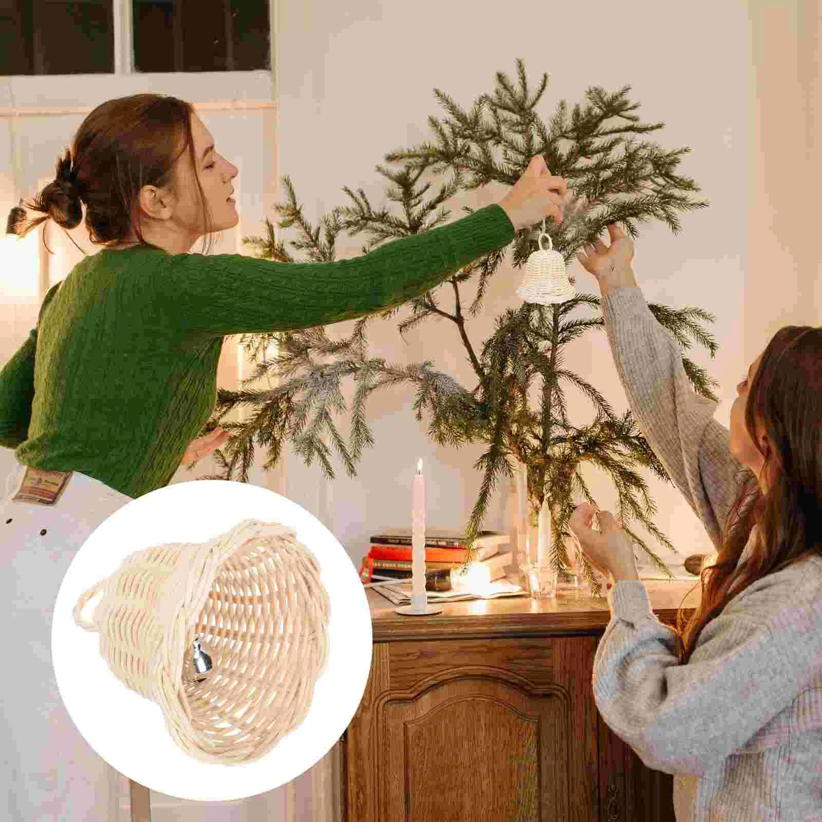 

Christmas Bell Tree Ornament Hanging Bells Rattan Wicker Ornaments Decoration Rustic Farmhouse Jingle Decor Holiday Pendant