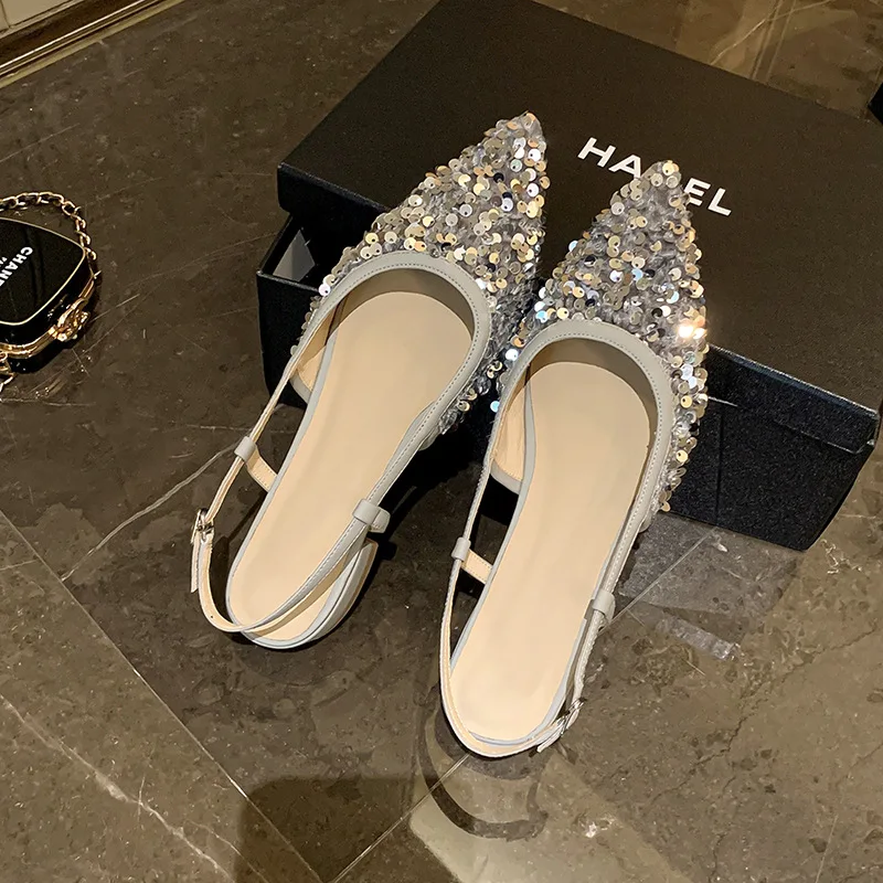 

Женские вечерние босоножки Baotou, серебристые босоножки на плоской подошве с острым носком, украшенные пайетками, лето 2023