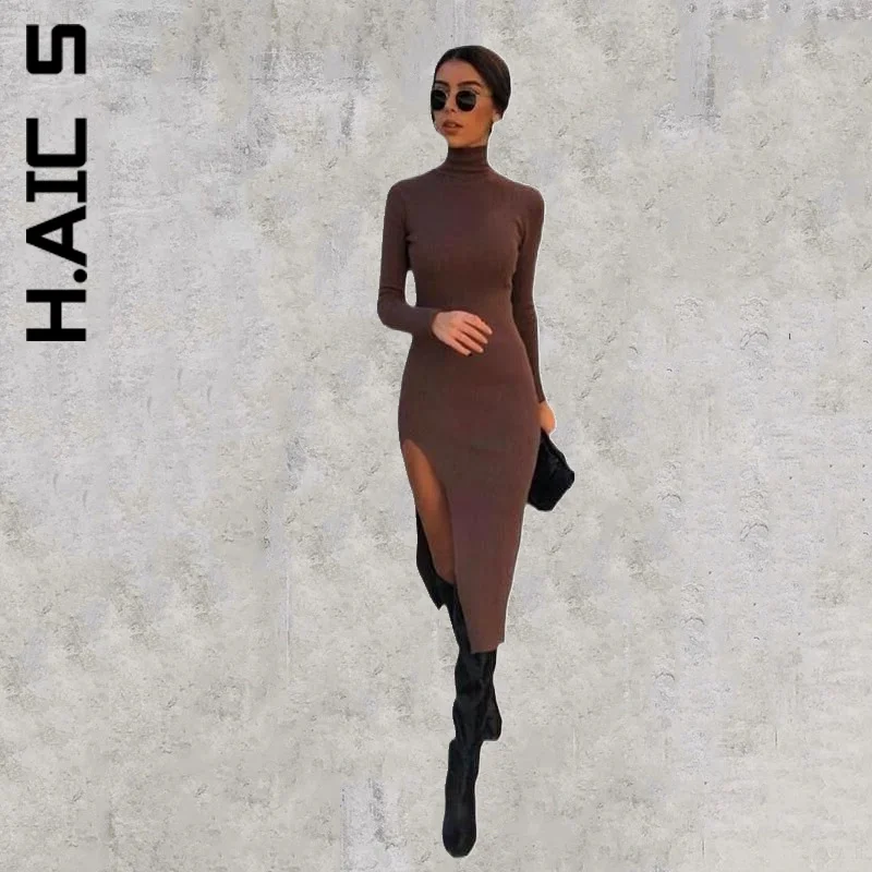

H.Aic S New Women Dress High-Neck Side Long Sleeves High Split Midi Dress Chic Simple Women Clothing Female Vestidos