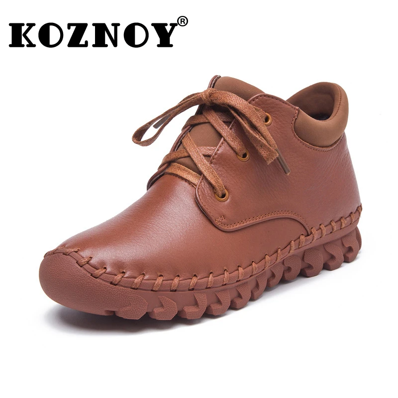 

Koznoy 3CM 2022 Genuine Leather Snow Ankle Boots Lace Up Soft Comfy Sole Plush Fur Warm Women Winter Autumn Sneakers Flat Shoes