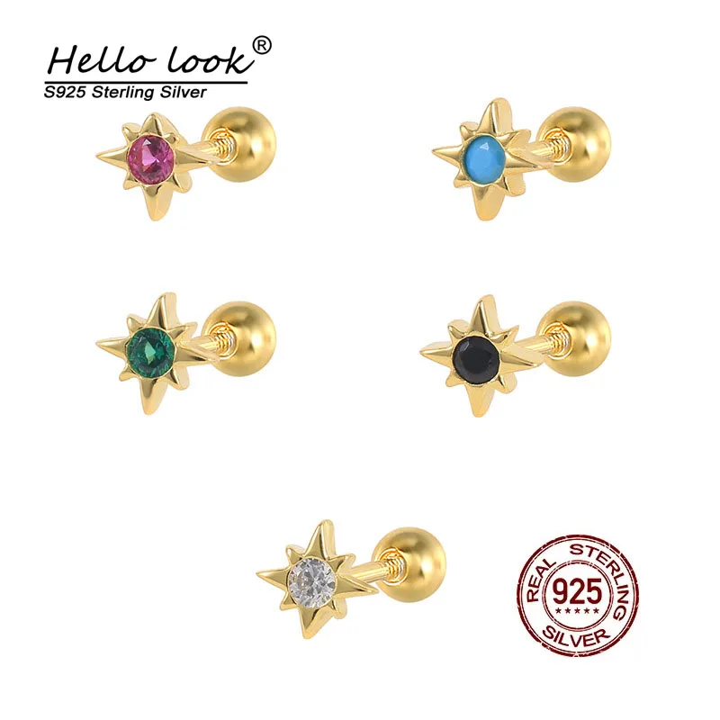 

HelloLook Octagonal Star Stud Earring 925 Sterling Silver Cartilage Body Piercing Jewelry Threaded Septum Nail Stud Earrings