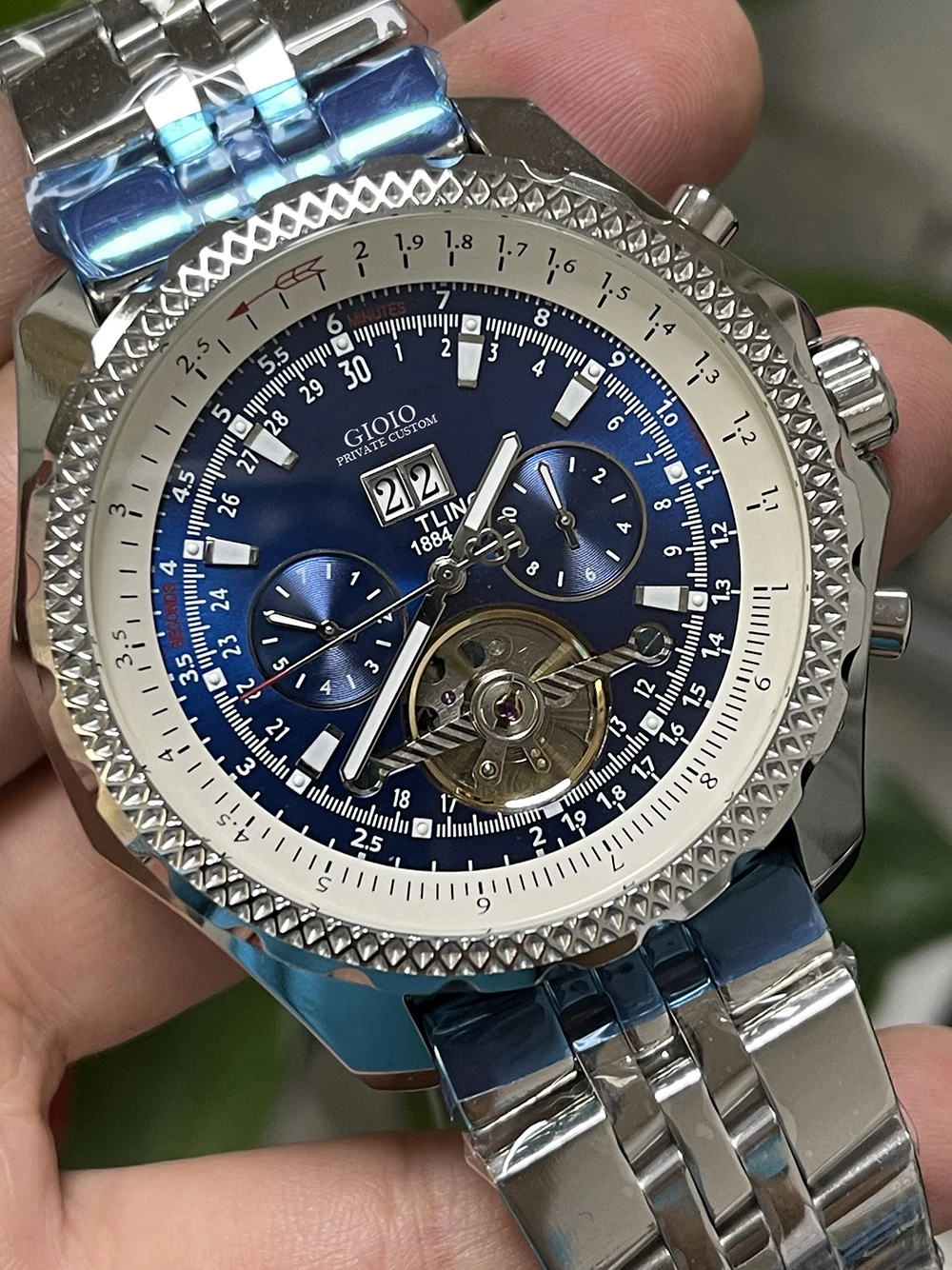 

Мужские автоматические механические часы черного и синего цвета Tourbillion