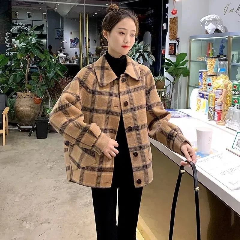 

Women's 2022 Plaid Reversible Wool Coat Short Lapel Autumn Winter Loose Outwear Woolen Jacket