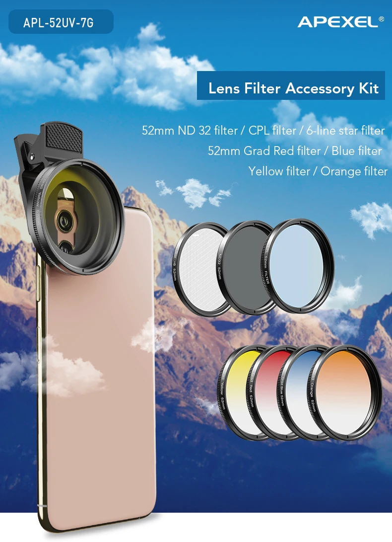 Factory price APEXEL 52UV-7G 52MM Gradient Filters Kits Multi-Color Aluminum Alloy Lightweight Filter for cellphone |