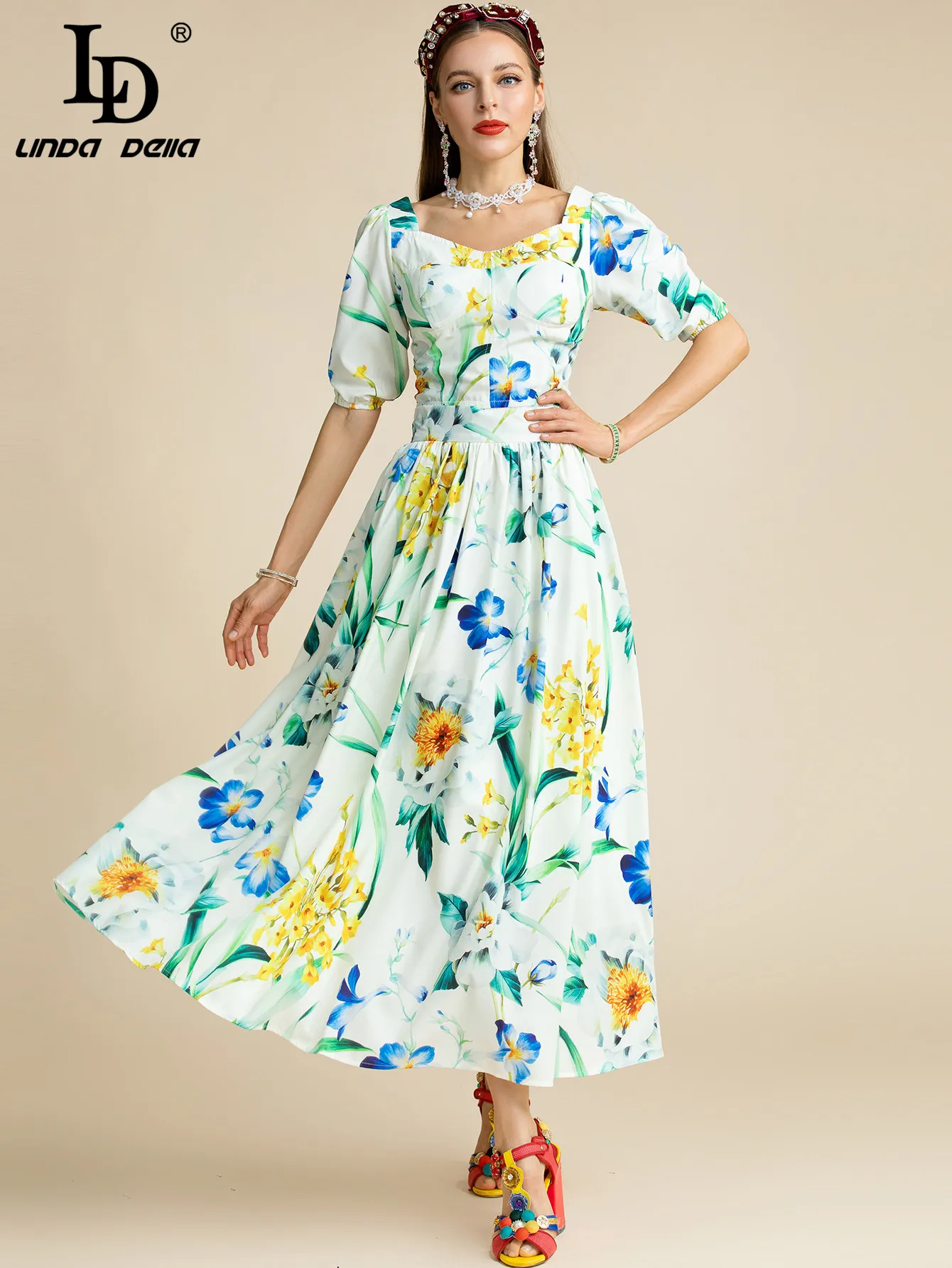 

LD LINDA DELLA Summer Runway Elegant Holiday Skirts Suit Women's Short sleeve Top and Floral print Long Skirts 2 Pieces Set