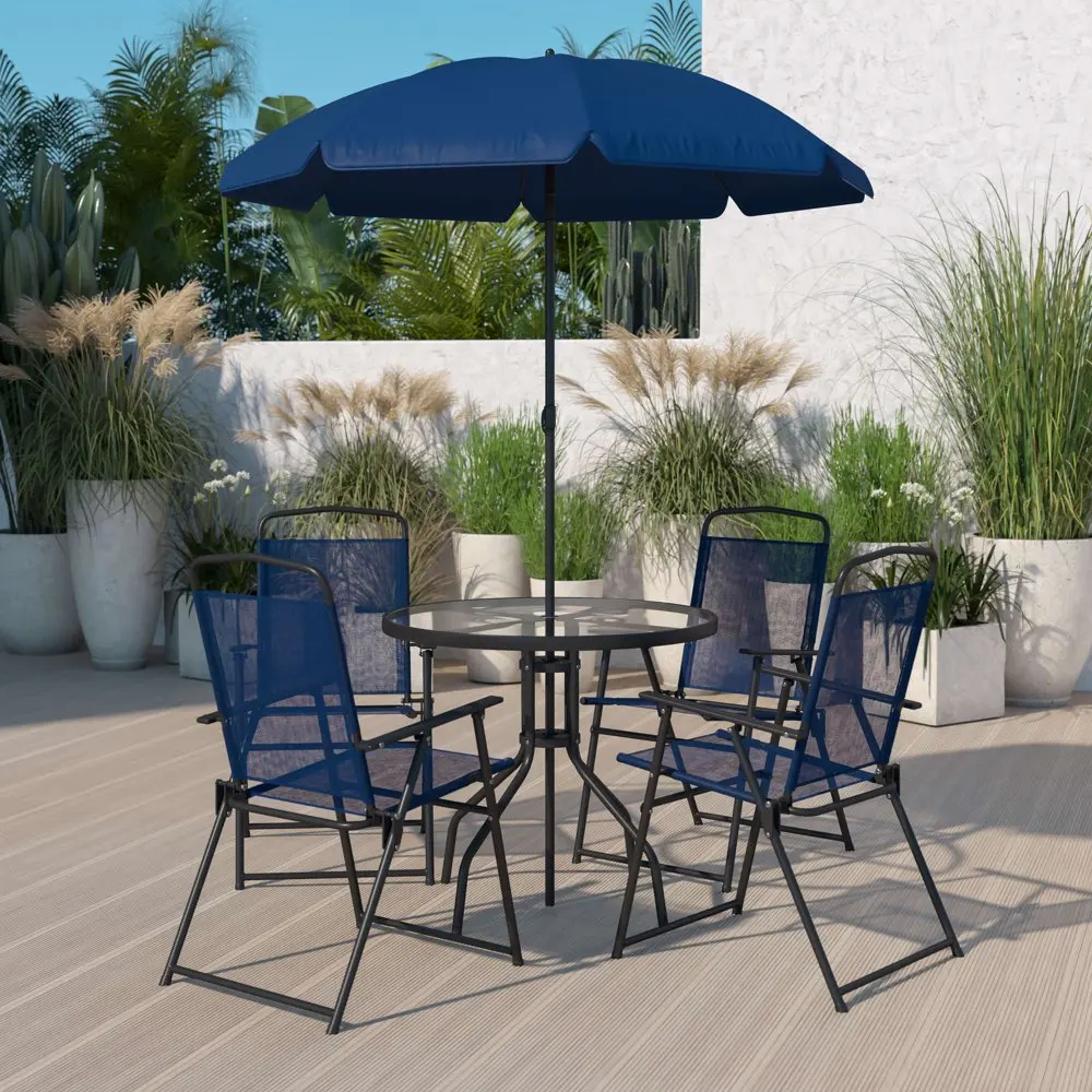 

POPTOP 6 Piece Navy Patio Garden Set with Umbrella Table and Set of 4 Folding Chairs