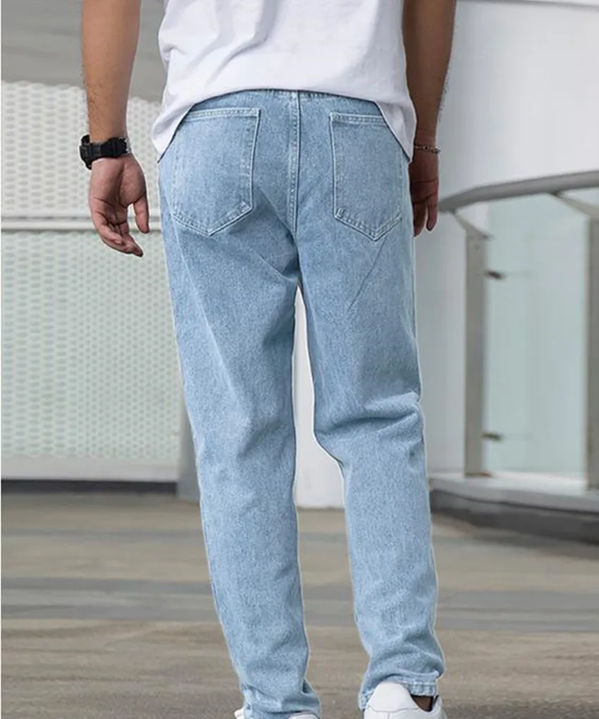 Vintage Straight Men Jeans Mid Waist Wash Solid Denim Pants Streetwear Casual Slim Fit Cowboy Trousers