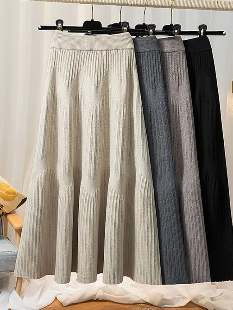 

Женская трикотажная плиссированная юбка TIGENA, трапециевидная Повседневная Однотонная юбка средней длины с высокой талией, Осень-зима