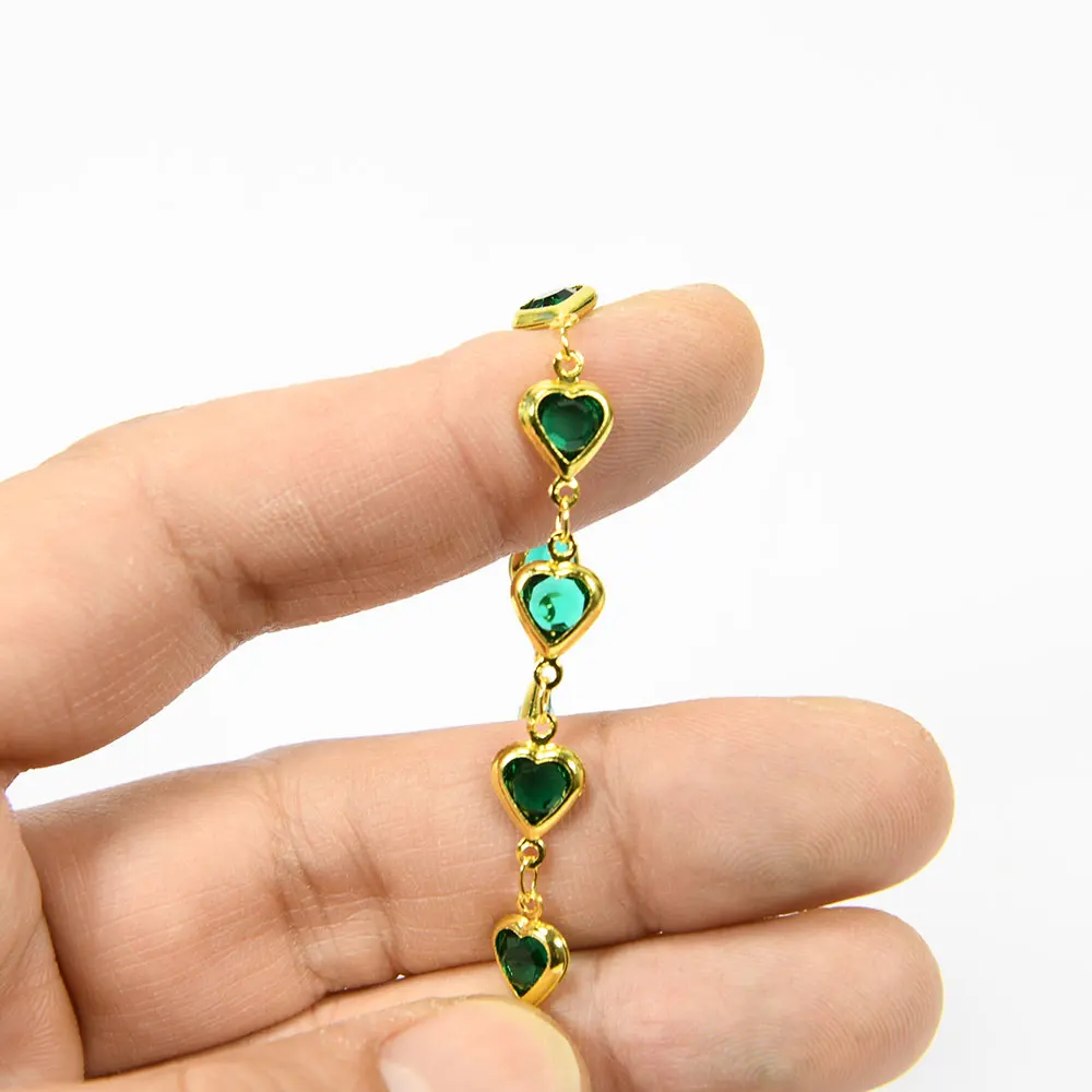 APDGG  5 Meters 7.5mm Green Glass Heart Crystal Gold Plated Copper Fashion Bezel Set Chain Paperclip Neck Necklace Making DIY