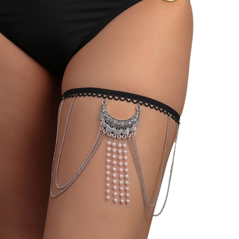 

Girl Leg Chain Elegant Pearl Tassel Thigh Chains Ethnic Style Body Chain Festival Rave Body Accessory for Women Girls