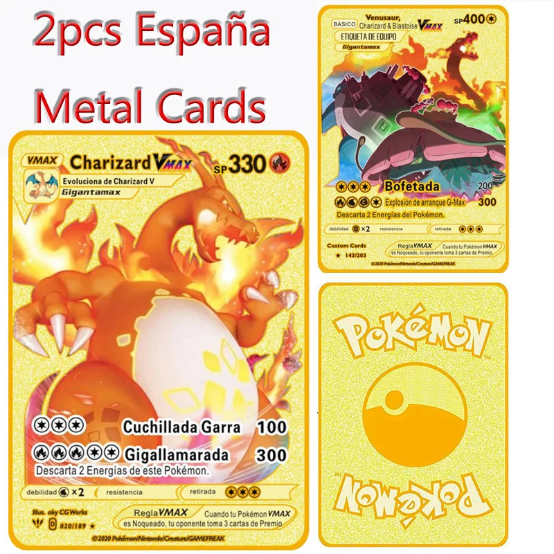 

2 шт./компл. Покемон, испанские металлические карты, коллекция Pikaqiu и Charizard, золотая карта, оригинальная игровая игрушка, милый подарок для дет...