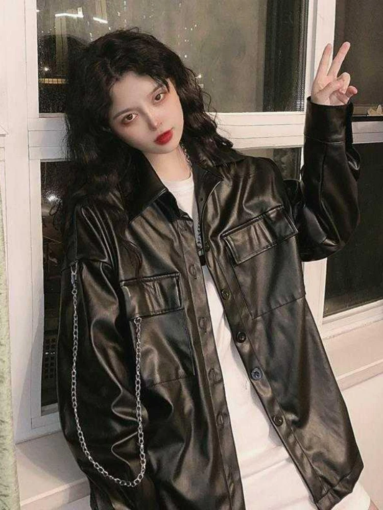 Autumn Black Women's Motorcycle Leather Jacket Korean Fashion Loose Thin Casual Biker Coat Outerwear Ladies Streetwear Chic Top