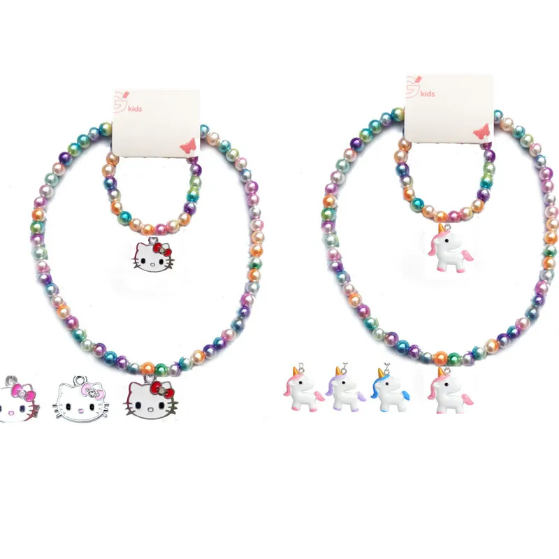 

Kawaii Sanriod Cartoon Anime Series Cute Kitty Unicorn Multicolored Pearls Necklace Bracelet Alloy Baby Boy Girls Holiday Gift