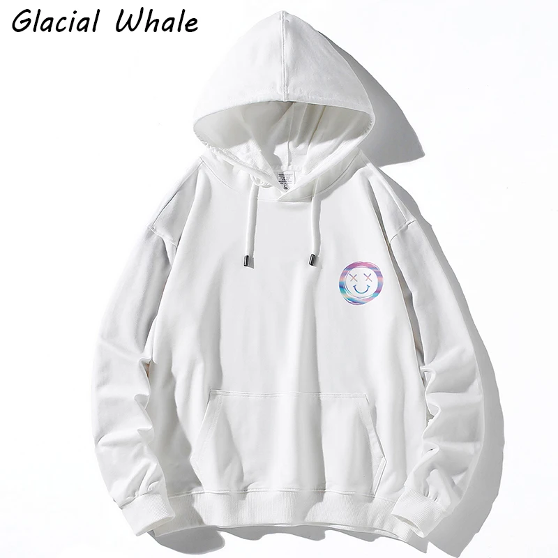 

GlacialWhale Mens Hoodies Men 2022 New Reflective Smiley Print Sweatshirt Male Oversized Streetwear White Hoodie Men Sweatshirts