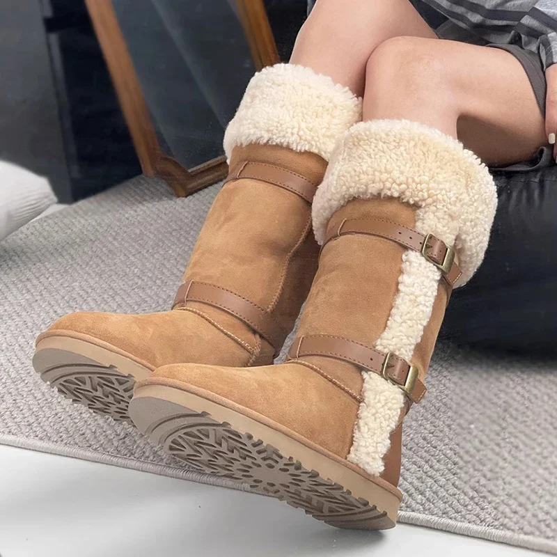 Хутряные зимние высокие сапоги женские замшевые трендовые короткие плюшевые