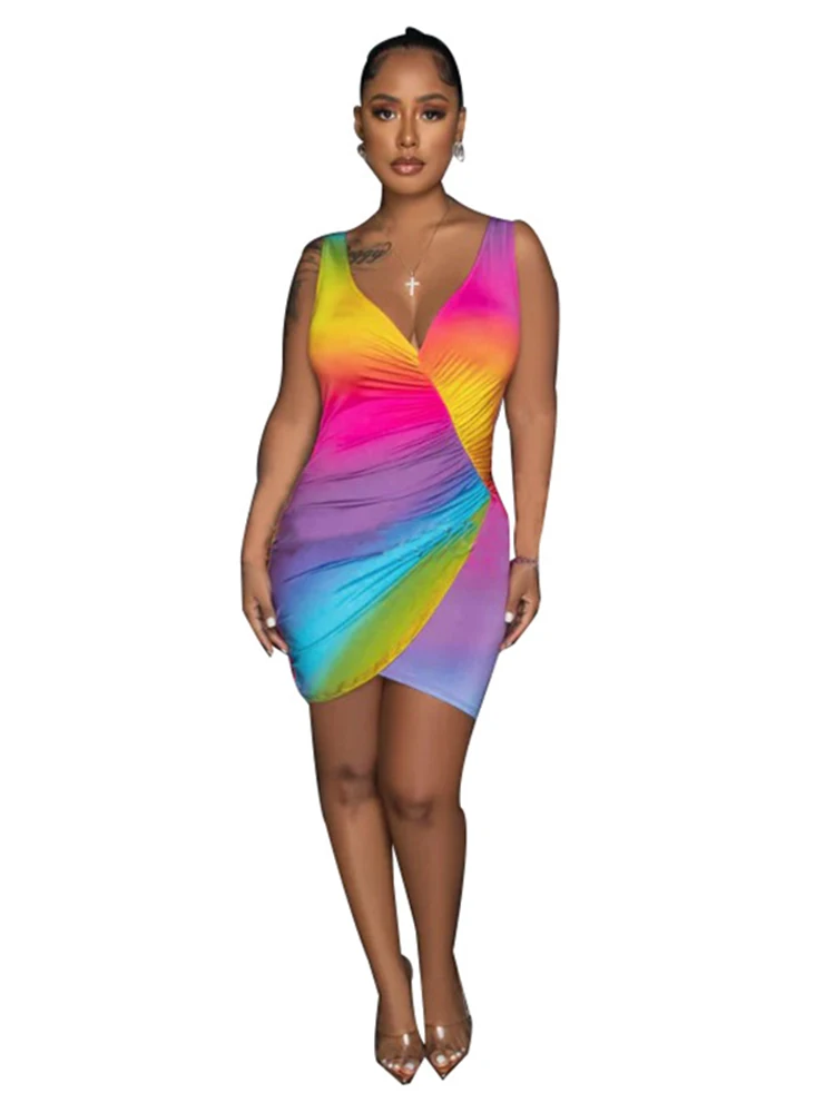 

Женское летнее Мини-Платье с принтом радуги и глубоким V-образным вырезом
