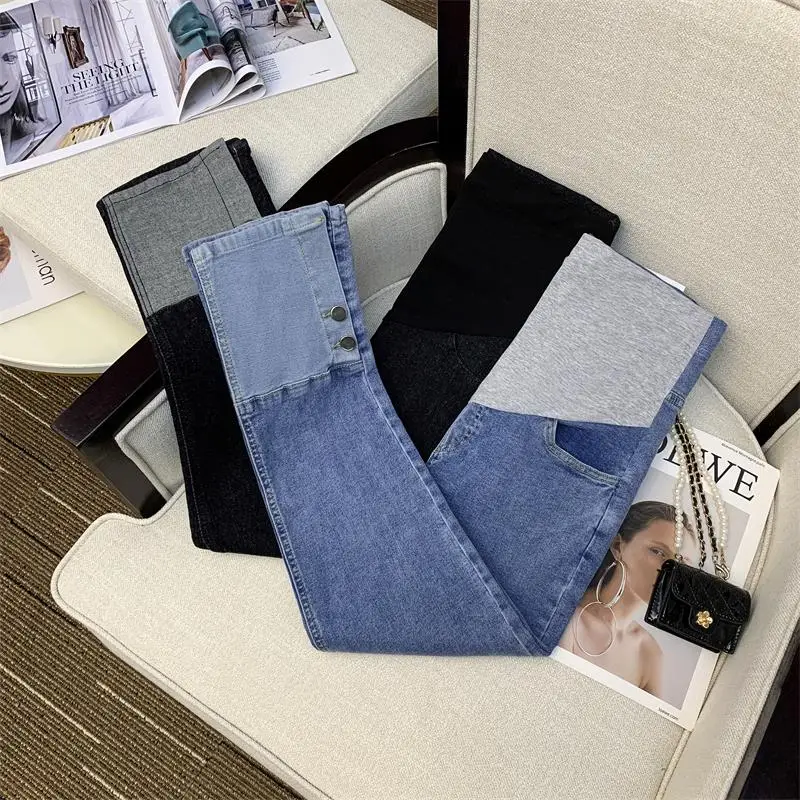 

9030# 9/10 Length Autumn Denim Maternity Jeans Elastic Waist Belly Striaght Pencil Pants Clothes for Pregnant Women Pregnancy