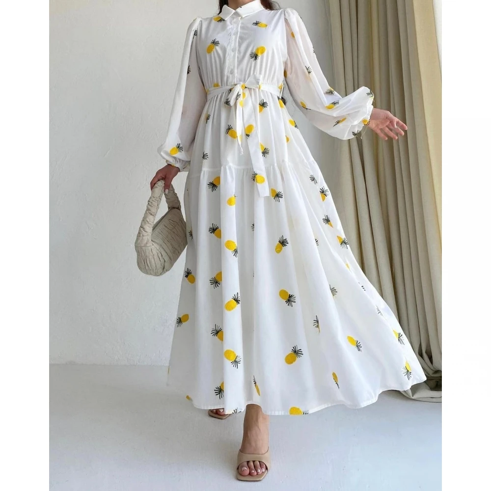 

Cotton Blends Dresses Long Sleeve White Pineapple Print Summer Autumn 2023 Shirt Dress Buttons Girls's Dresses For African Women