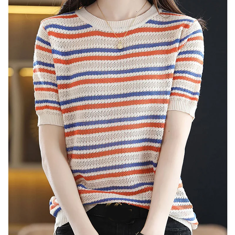 

New Knitted T Shirt Women 2022 Striped Short Sleeve Tshirt Summer Woman Clothing Ladies Tops Casual O Neck Camisetas De Mujer