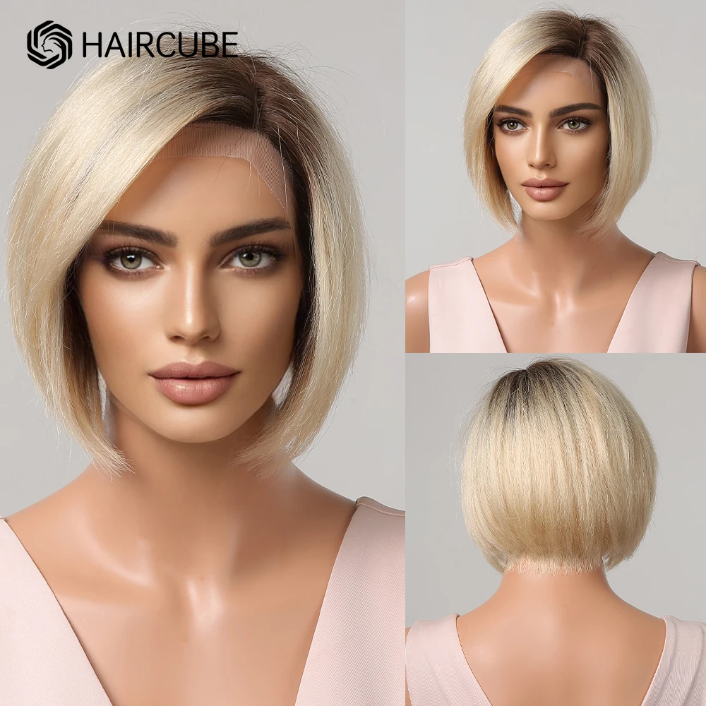 HAIRCUBE Blunt Bob Human Hair Lace Front Wigs for Women Brown Ombre Platinum Blonde Wig Short Straight 13x1 Lace Human Hair Wig