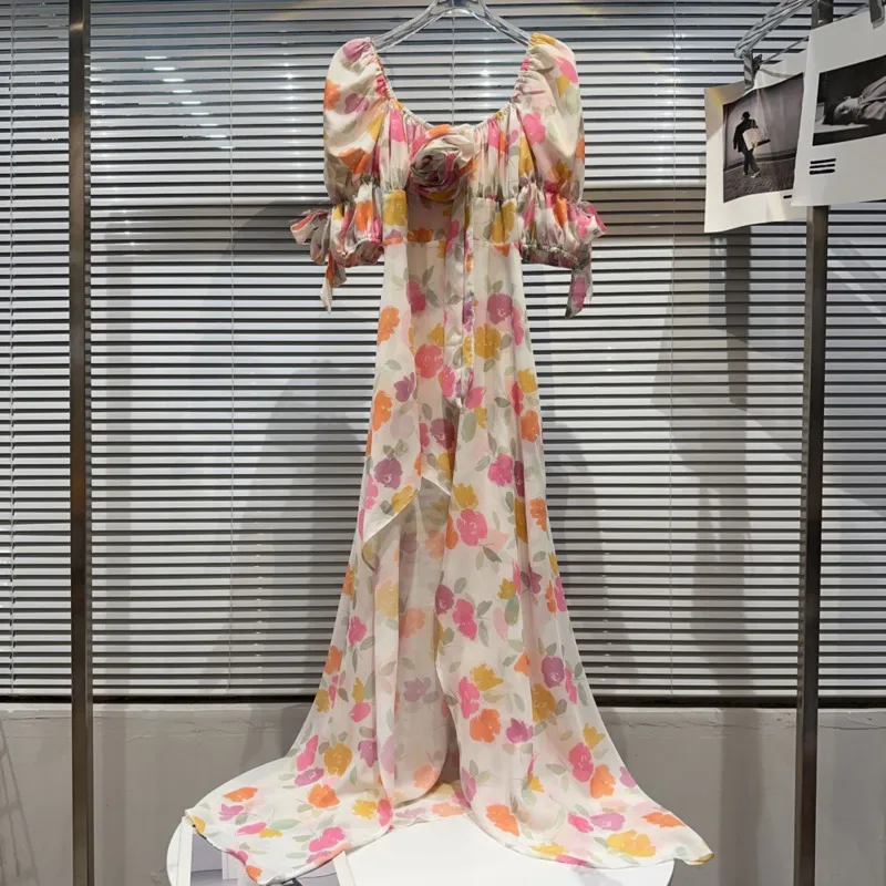 

Платье BORVEMAYS женское шифоновое с коротким рукавом, тонкое элегантное свободное с квадратным вырезом и 3D цветами, лето