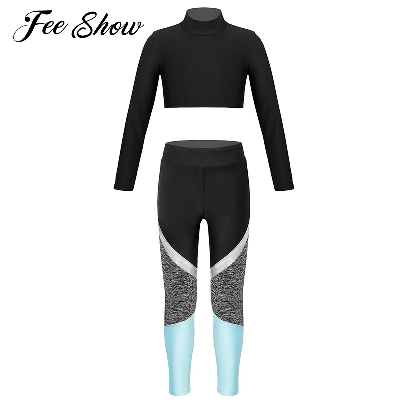 

Kids Girls Casual Sport Outfits Yoga Sets Long Sleeve Crop Top with Colorblock Leggings for Children Workout Dance Performance
