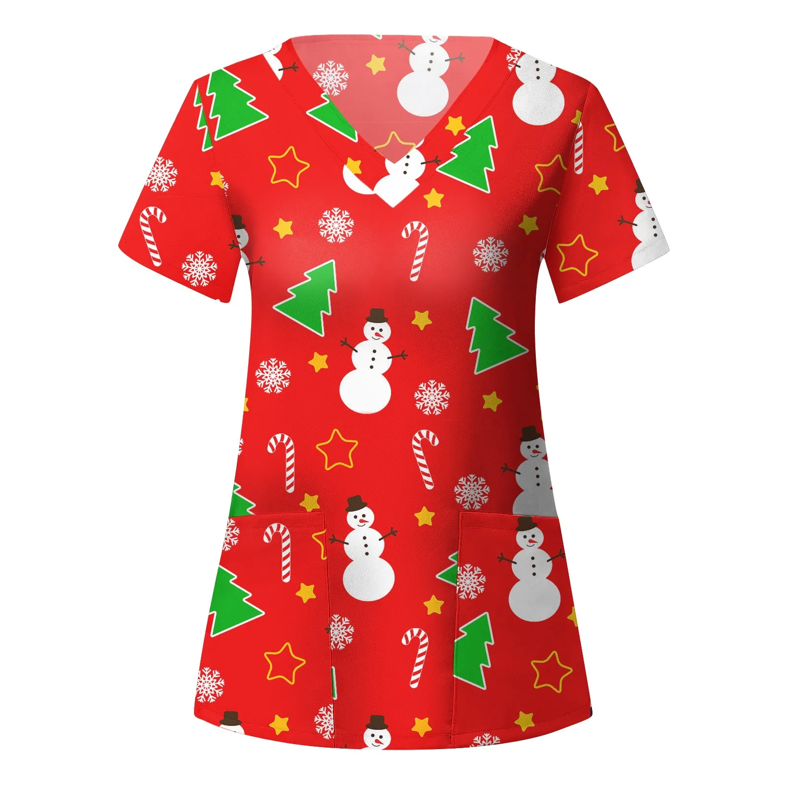 Christmas Women Scrub Tops Short Sleeve V Neck Cartoon Printed Top Nursed Working T Shirts Blouse With Pockets Women Clothing