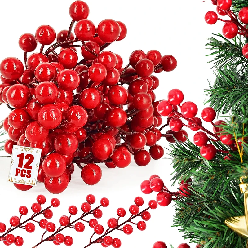 

Christmas Berries Pine Branches Artificial Vivid Red Holly Berry DIY Wreath Tree Decorations for Home Xmas Party Table Ornaments