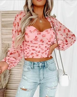 floral print ruched top women 2022 fashion lantern sleeve spring autumn new pink slim tops