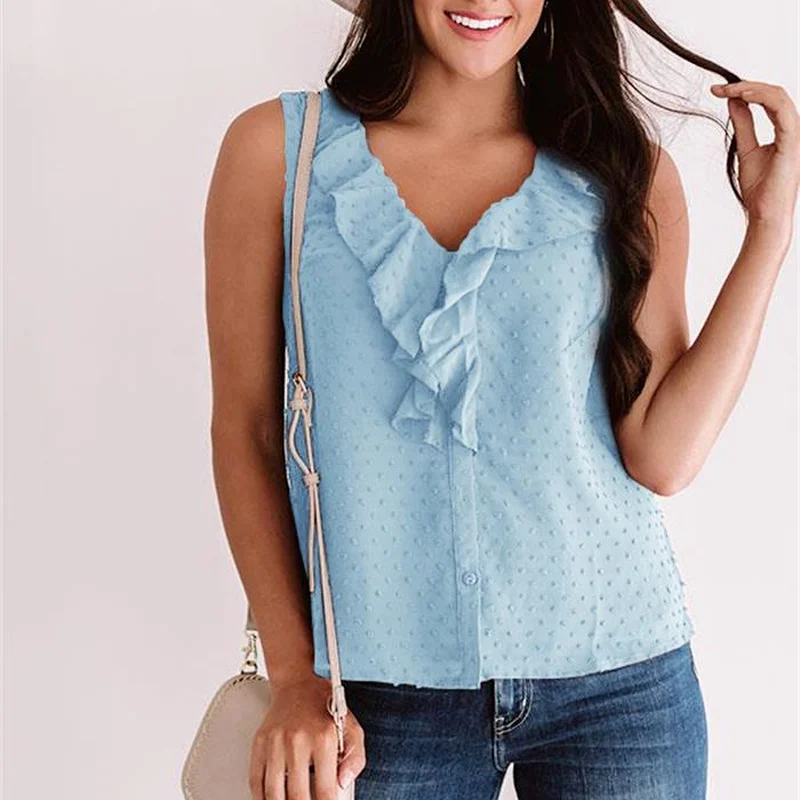 

Женская Свободная блузка с оборками, Повседневная элегантная летняя блузка без рукавов с V-образным вырезом, G2694, 2022