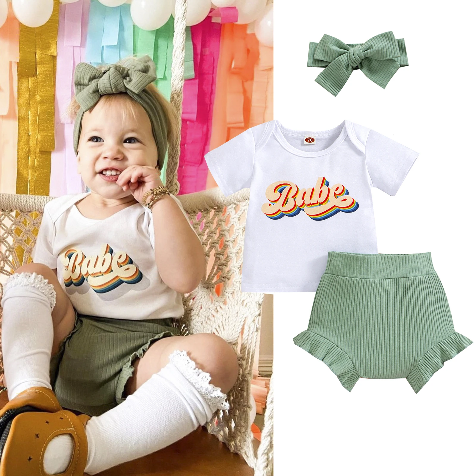 

Ma&Baby 0-24M Summer Newborn Infant Baby Girls Clothes Set Rainbow Letter T-shirt Knit Shorts Bow Headband Summer Outfits D01