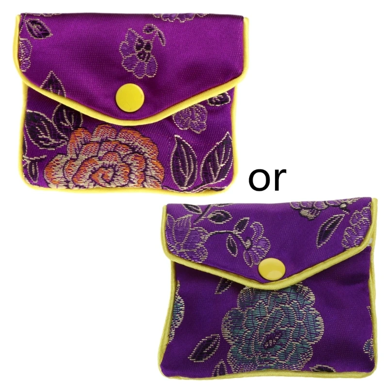 

652F Silk Brocade Jewelry Roll Wrap Gift Bags Coin Purse Embroidered Candy Bag