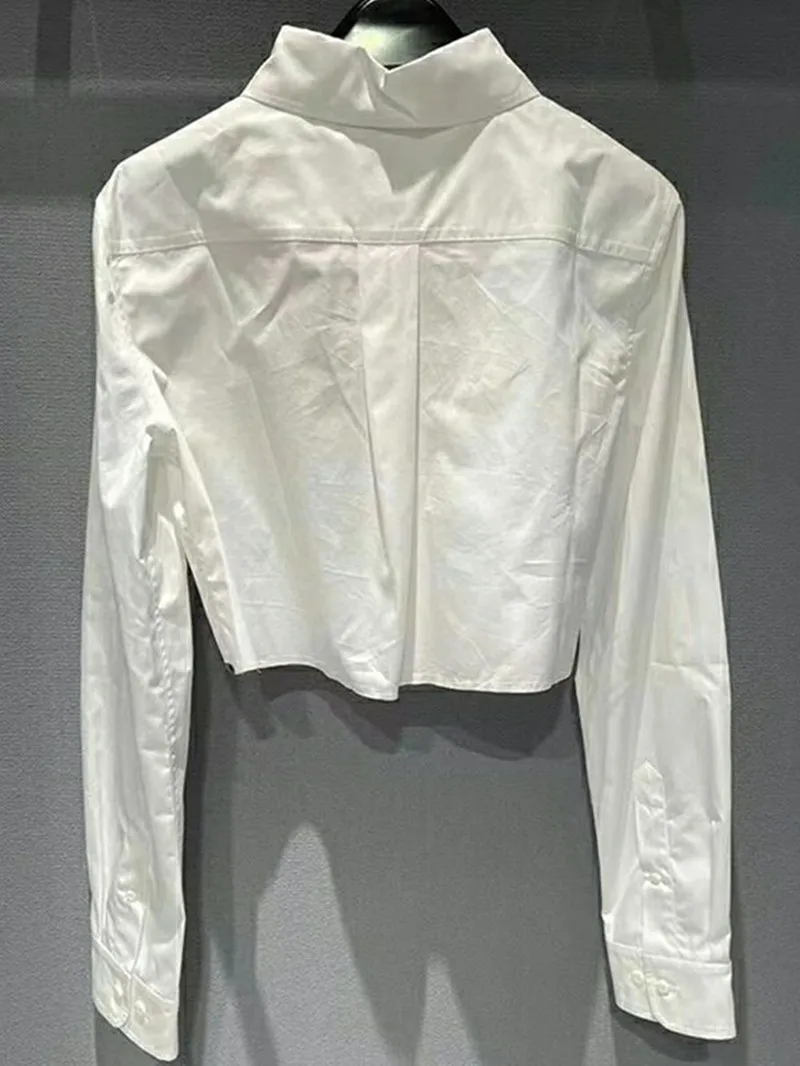 

2022 Autumn New Women's Short Shirt Single Breasted Long Sleeve Ladies Turn-Down Collar Alphabet Embroidered Solid Color Blouse