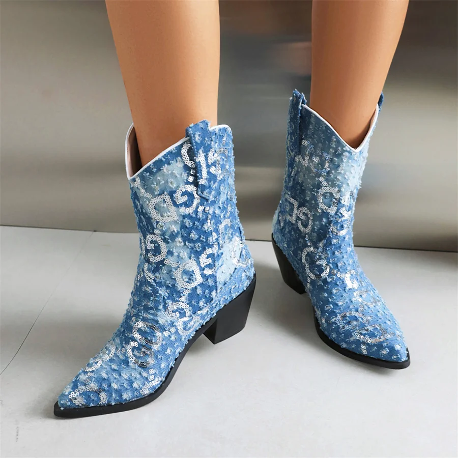 

Женские джинсовые ботинки, новинка зимы 2023, модная женская обувь на высоком каблуке с острым носком, с блестками, низкие ковбойские ботильоны в западном стиле, Прямая поставка
