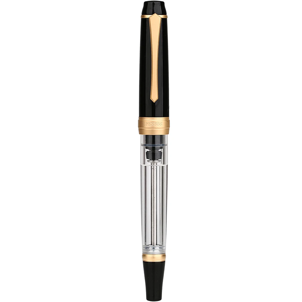 New Color PENBBS 456 Vacuum Filling Fountain Pen Fine Nib, Transparent with Black Golden Cap Gift Pen with Box