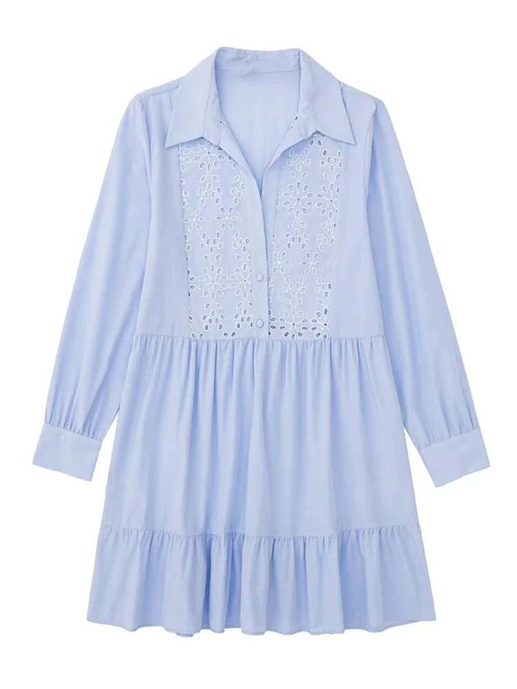 

YENKYE New Women Blue Openwork Embroidery Mini Dress Vintage Long Sleeve Female Cotton Casual Dress Autumn Vestido