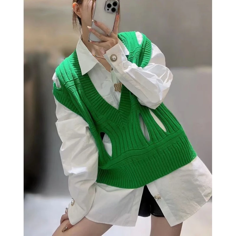 

Trend Hollow Out Knitted Vest Spring Solid Color V Neck Sleeveless Loose All-match Sweater Korean Street Casual Women Clothes