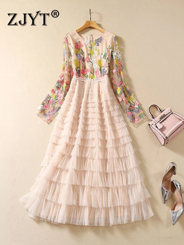 

ZJYT Luxury Embroidery Mesh Long Party Dresses for Women Runway 2023 Autumn Elegant Vestidos De Fiesta Evening Prom Cake Robe