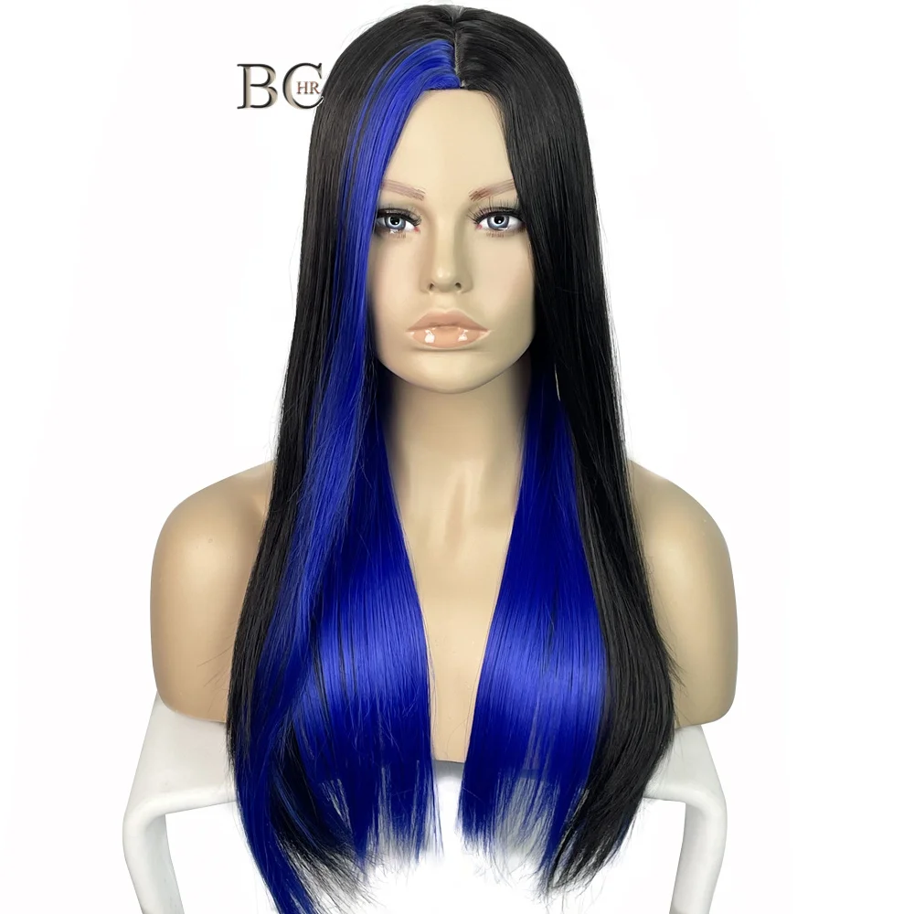

Synthetic Highlight Dark Blue Wig Long Natural Straight Ombre Middle Part Women Fashion Cosplay Fake Hair