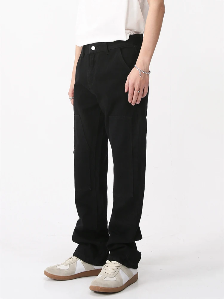 New Men's Baggy Jeans Cross Zipper Design Fashion High Street Trouser Washing Hole Streetwear Straight Patchwork Jeans Denim