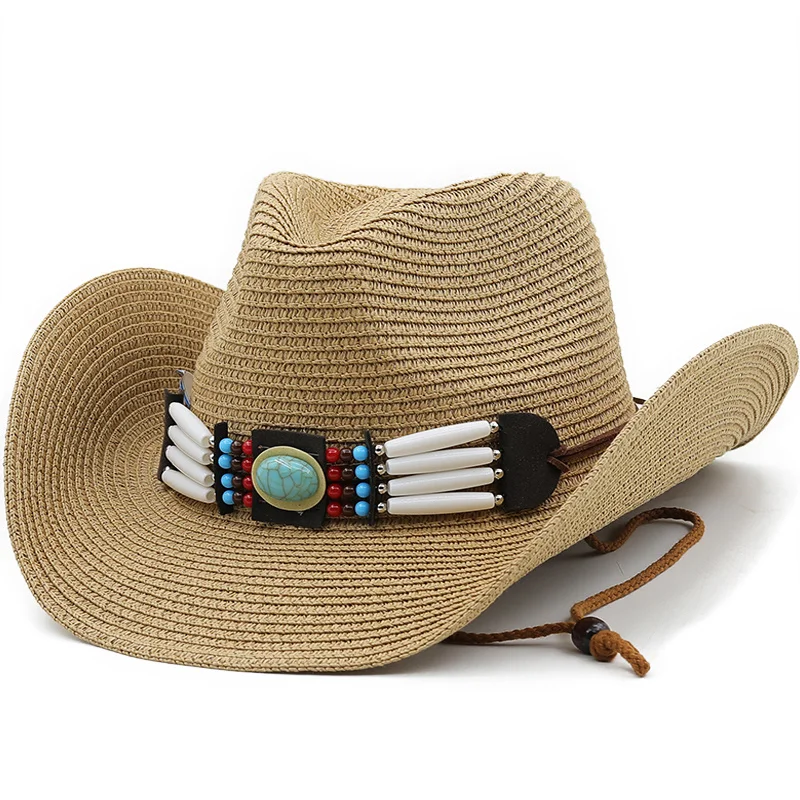 Women khaki Turquoise New Belt Cowboy Hat Floppy Beach Hats Summer Straw Hats Ladies UV Protection Hat Men Panama Sun Hat