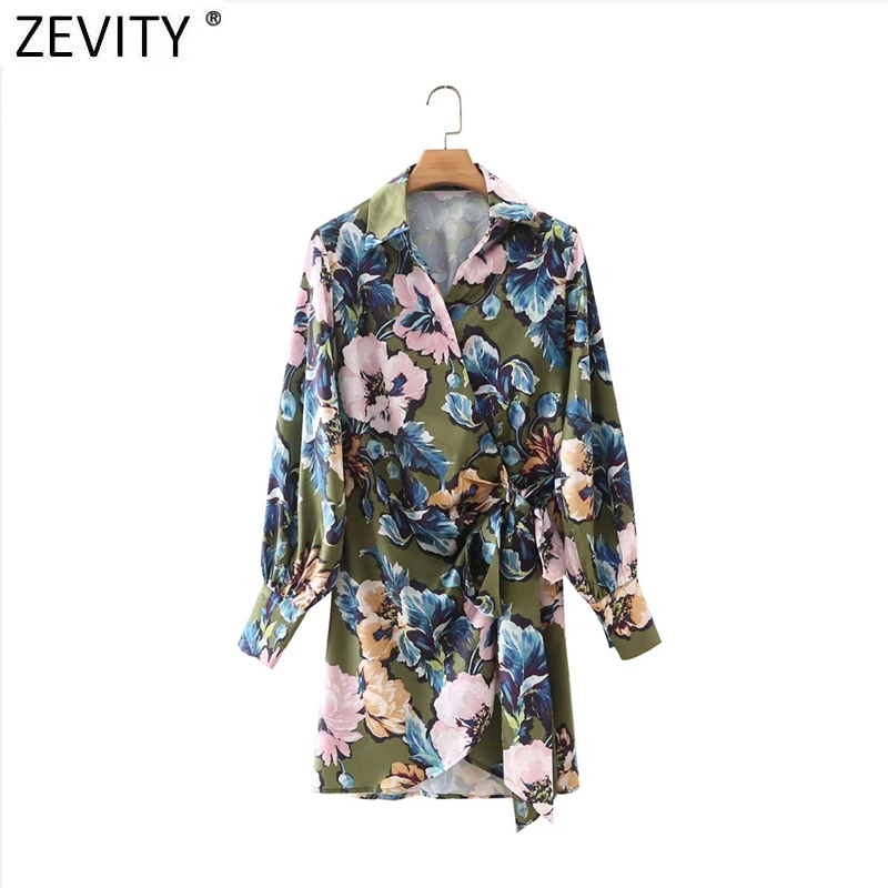 

Zevity 2022 Women Vintage Floral Print Side Bow Tied Casual Kimono Mini Shirt Dress Female Chic Long Sleeve Slim Vestidos DS9034