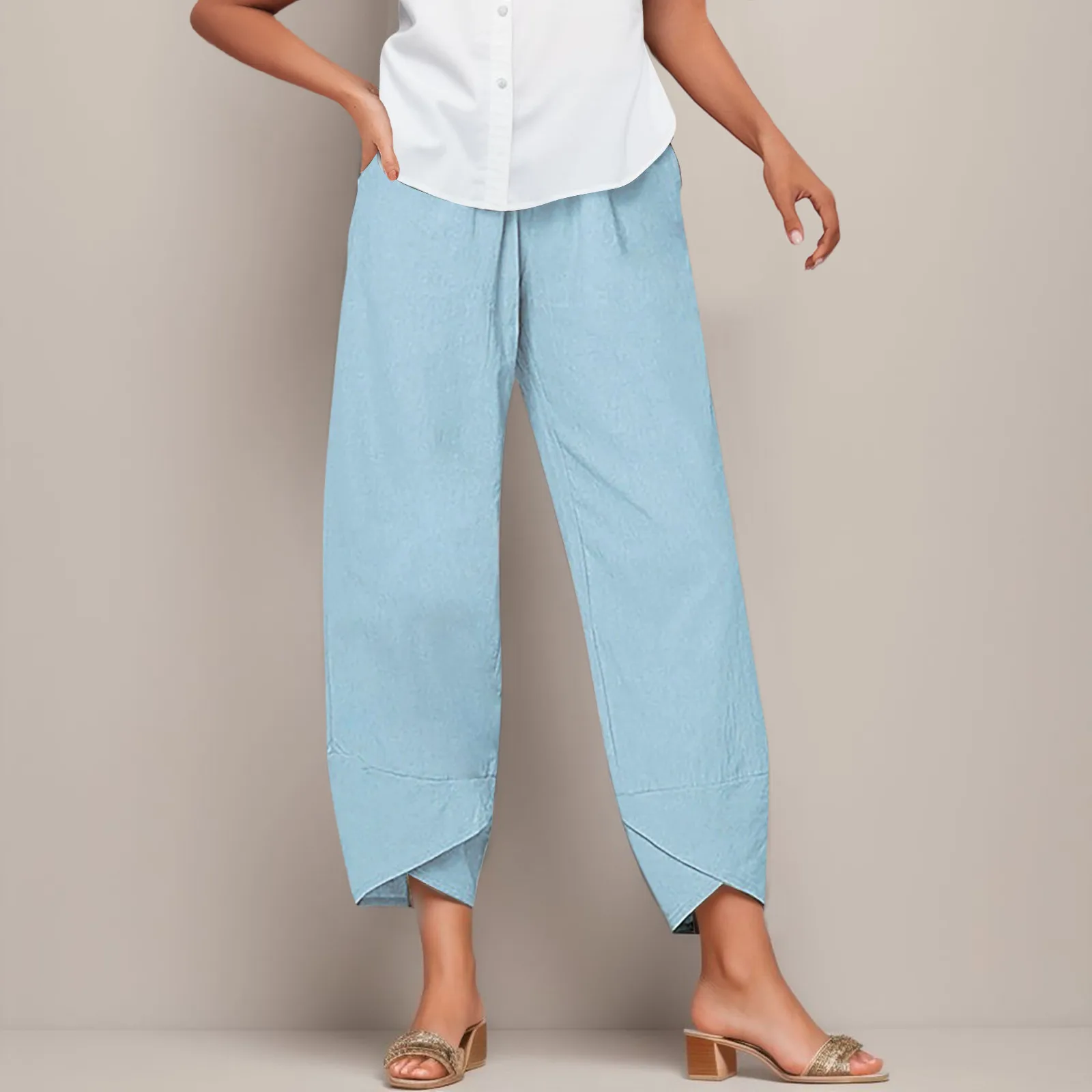 

Women Cotton Pants Solid Casual Elastic Drawstring Trousers Home Wearing Wide Leg Pant Female Sweatpants Pantalones De Mujer