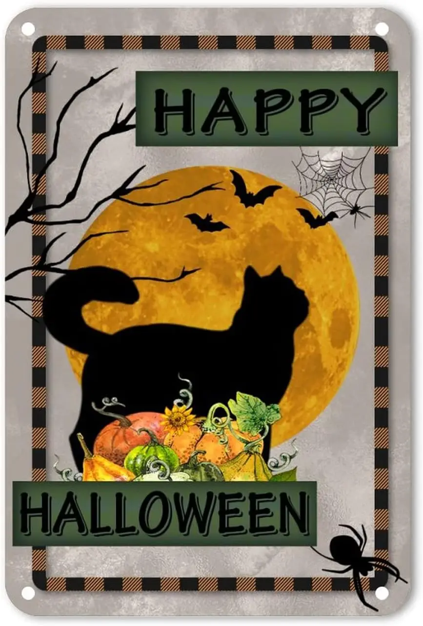 Счастливый Хэллоуин алюминиевый знак Тыква Кот летучая мышь паук Луна стена