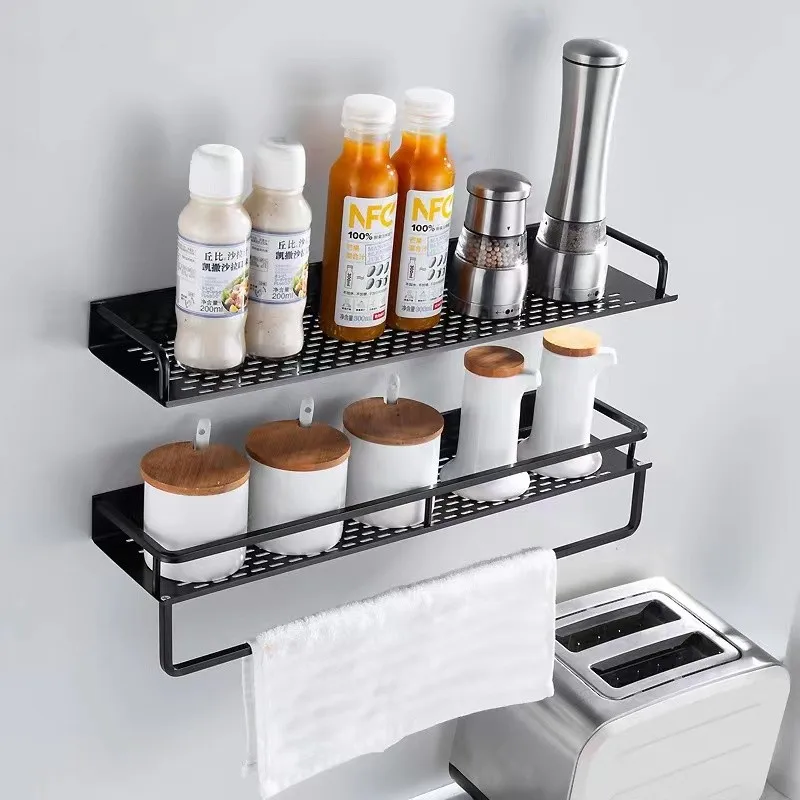 

Bathroom Shelf Black Aluminum Shampoo Holder Wall-Mounted Square Cosmetic Shelf Kitchen Nets Shelf Storage Rack With Towel Rack