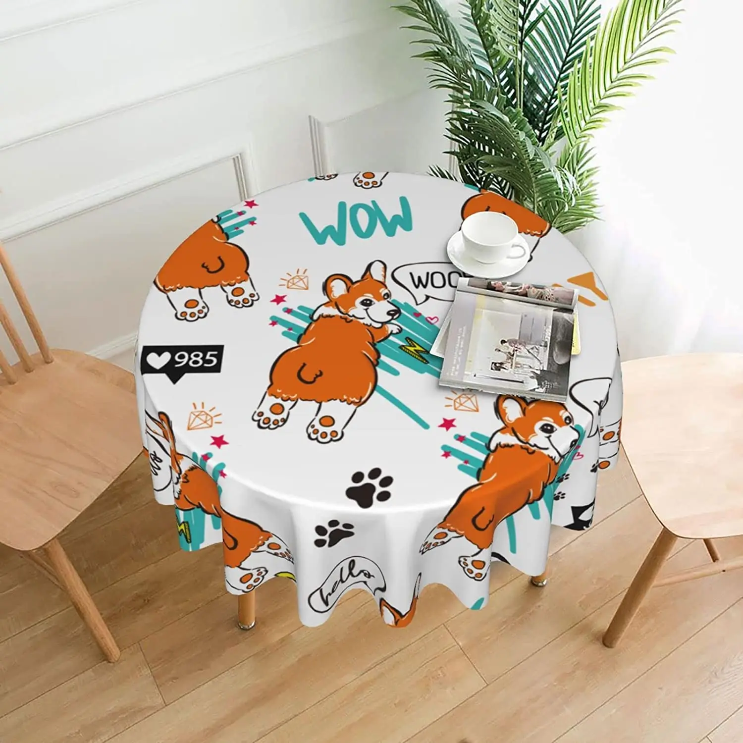 

Cartoon Corgi Dog Boho Style Round Tablecloth Wrinkle-Resistant Water-Repellent, Soft Bohemian Tablecloths for Restaurant Family